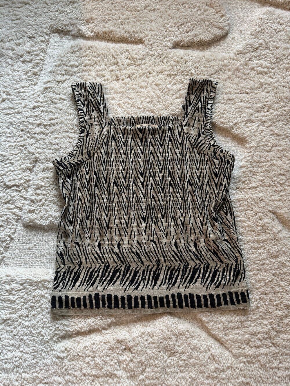 Vintage Y2K Pleat Pleat by Rafael Crinkle Tank Top Tan Black Geometric Large L